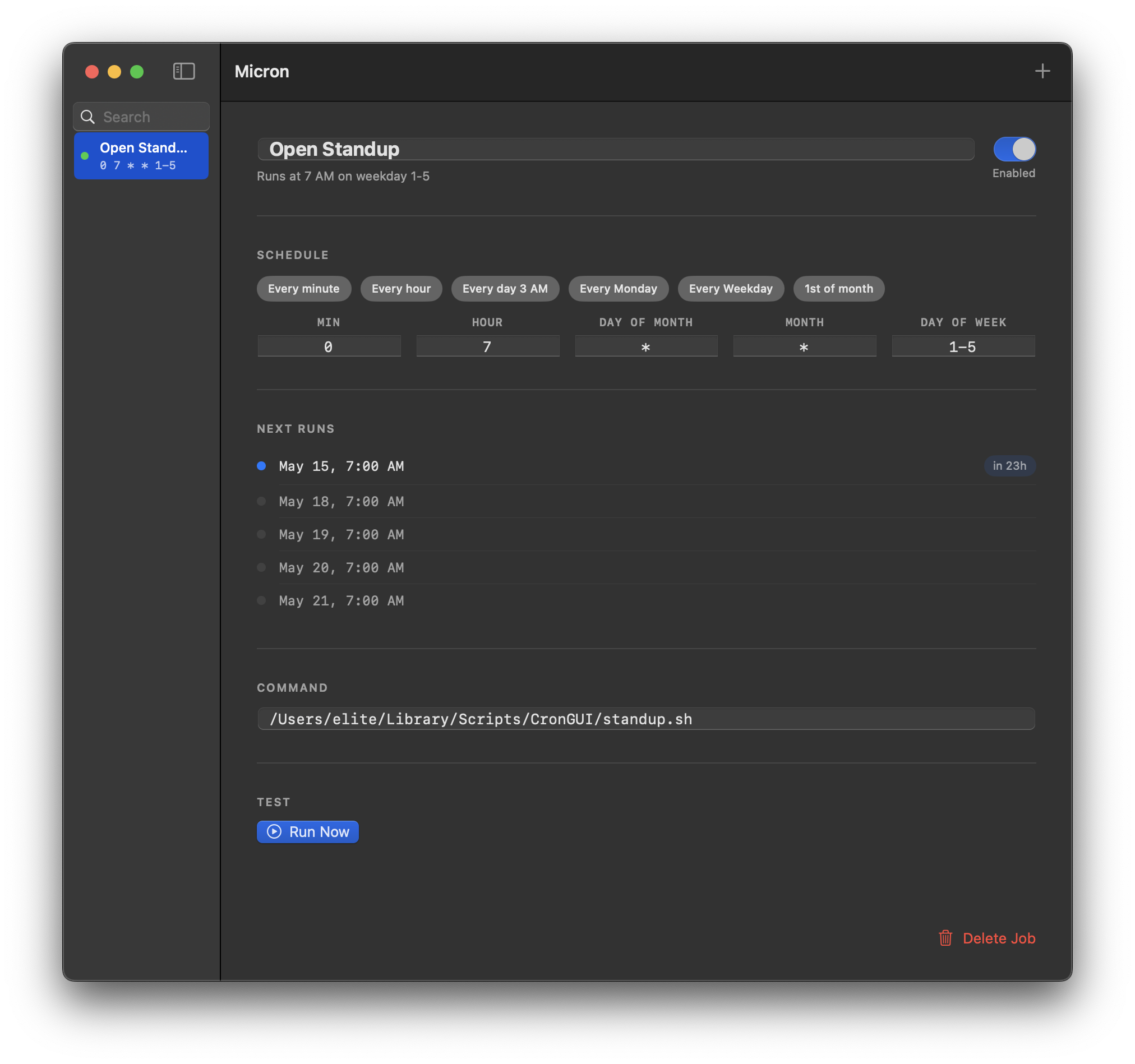 Micron app showing a cron job editor with schedule builder and next run times